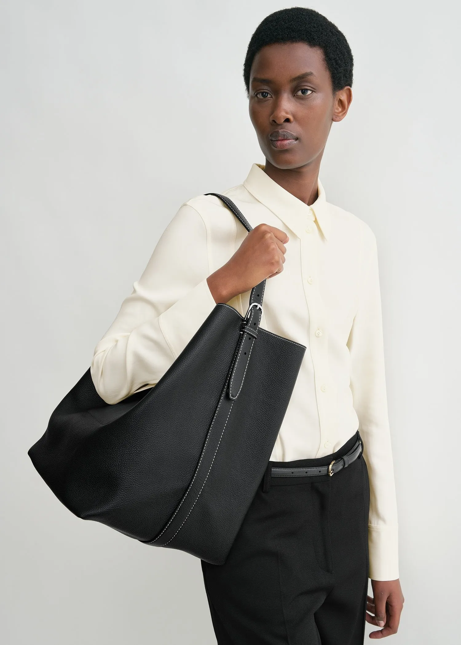 Belted grained-leather tote black