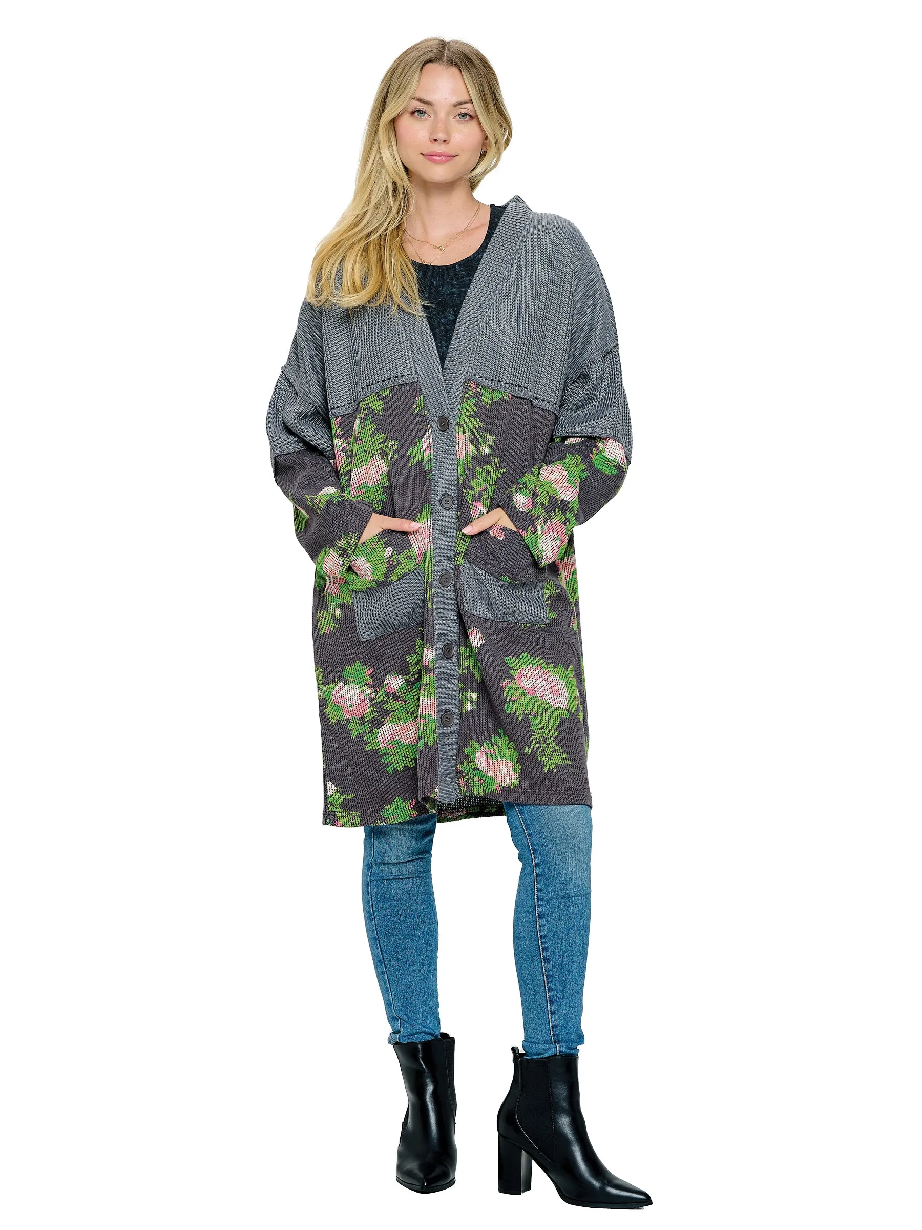 Cardigan Loose Fit Floral Ribbed Handstitched Accents