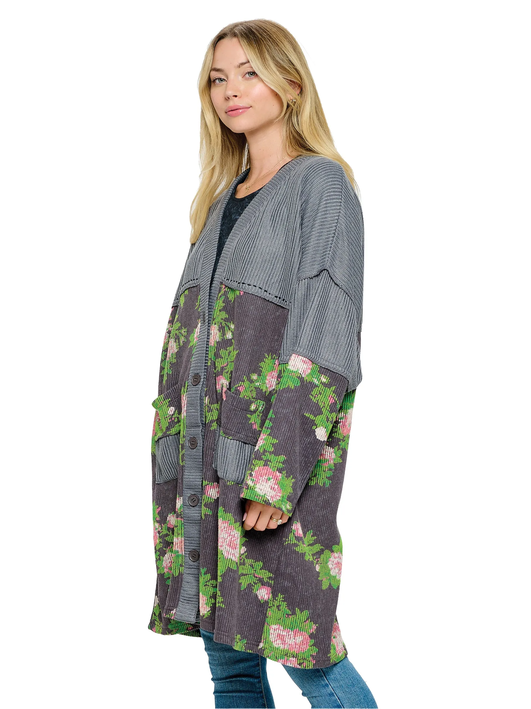Cardigan Loose Fit Floral Ribbed Handstitched Accents