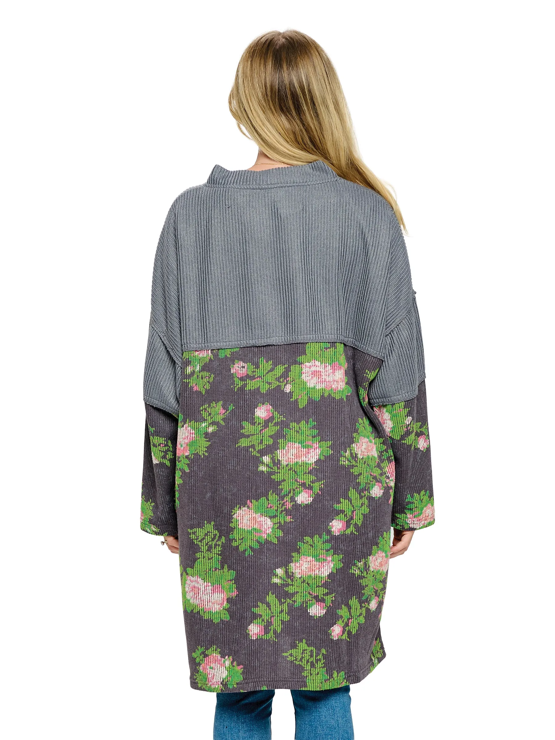 Cardigan Loose Fit Floral Ribbed Handstitched Accents