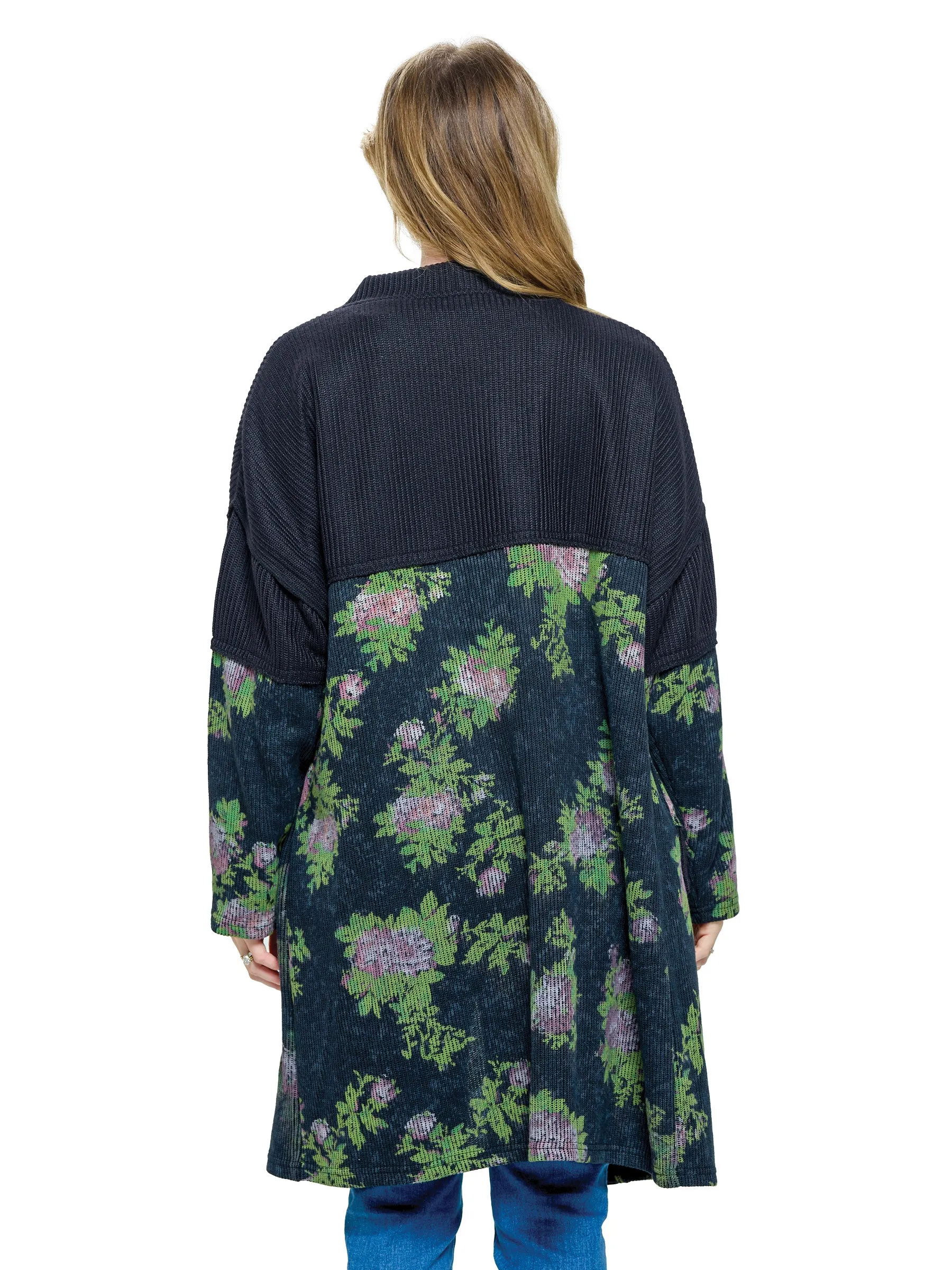 Cardigan Loose Fit Floral Ribbed Handstitched Accents