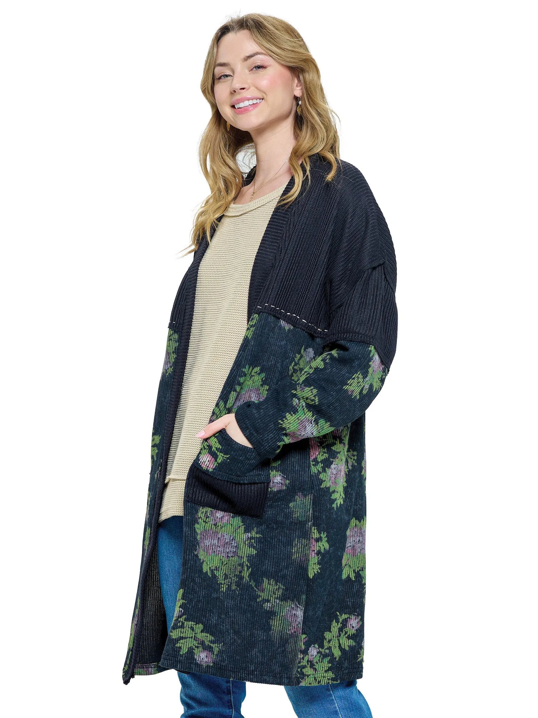 Cardigan Loose Fit Floral Ribbed Handstitched Accents