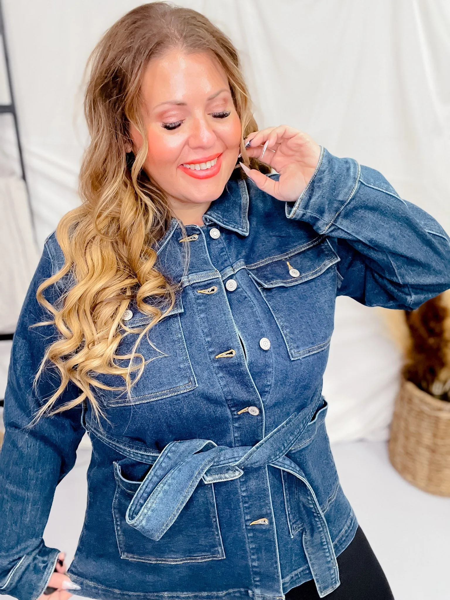 Judy Blue Mid Length Denim Utility Jacket with Side Slit