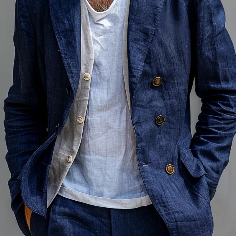 Men's Solid Cotton And Linen Notch Lapel Double Breasted Casual Blazer 53719048Z