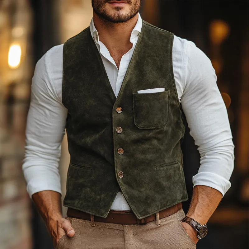 Men's Vintage Army Green Suede V-Neck Button Vest 10712546U