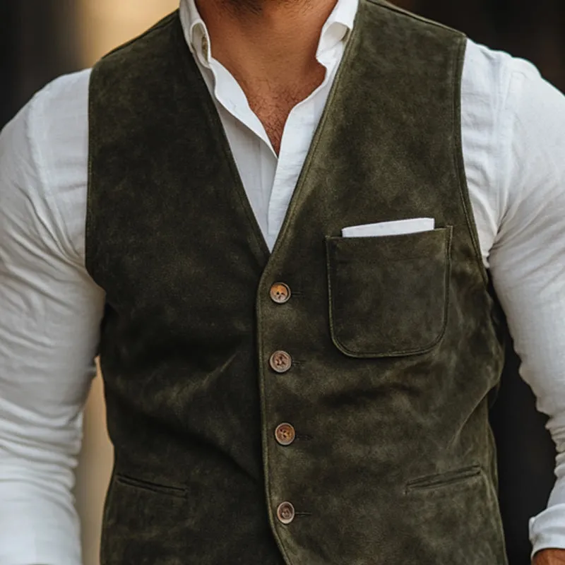 Men's Vintage Army Green Suede V-Neck Button Vest 10712546U