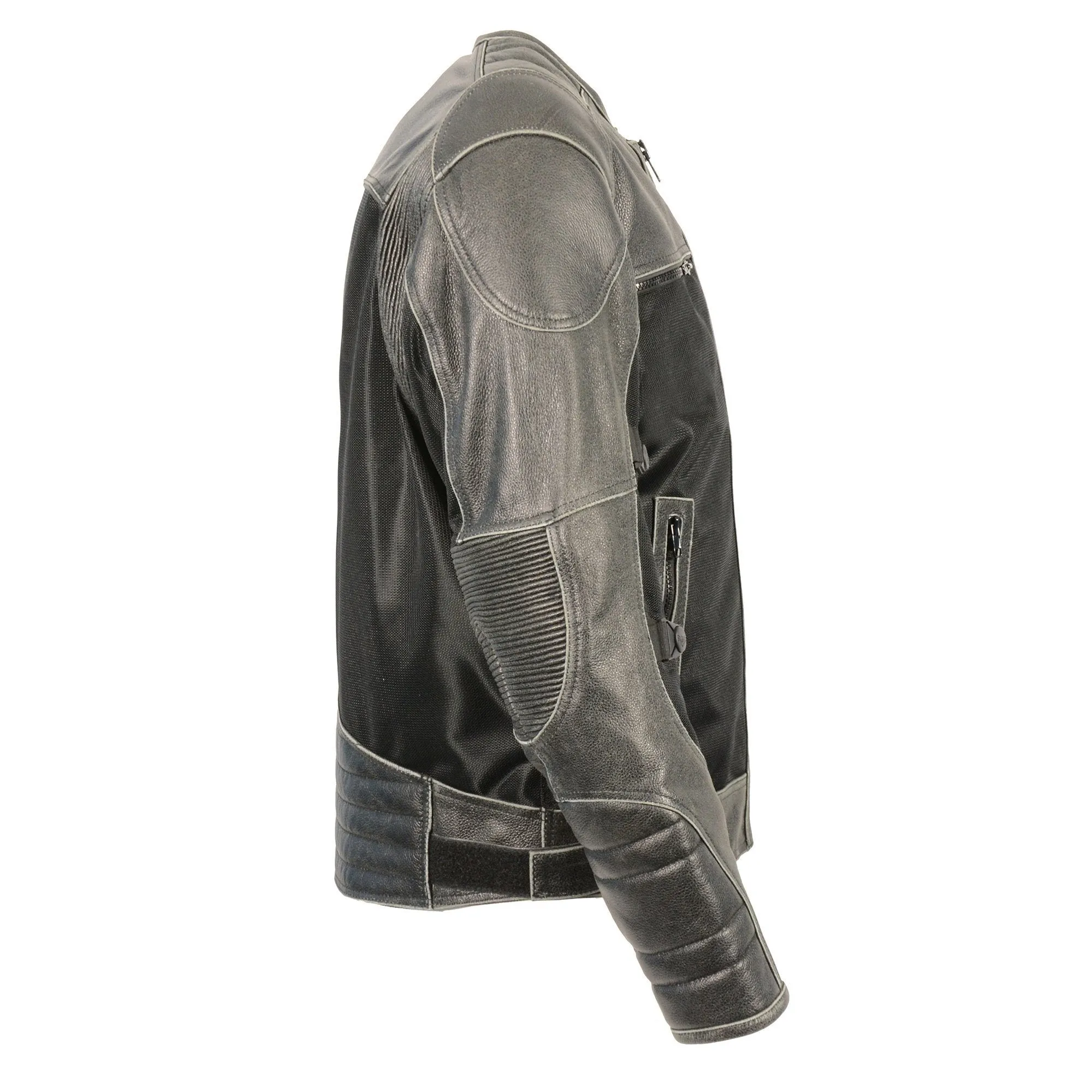 Milwaukee Performance Textile-MPM1796-Men's Distressed Grey Leather & Mesh Racer Jacket with Removable Rain Jacket Liner