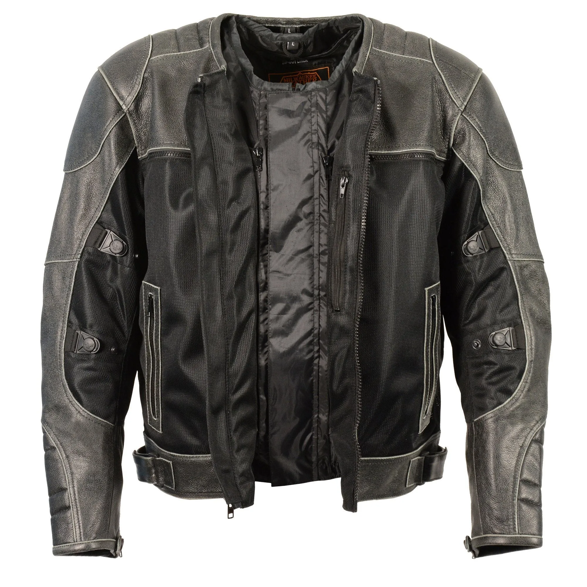 Milwaukee Performance Textile-MPM1796-Men's Distressed Grey Leather & Mesh Racer Jacket with Removable Rain Jacket Liner