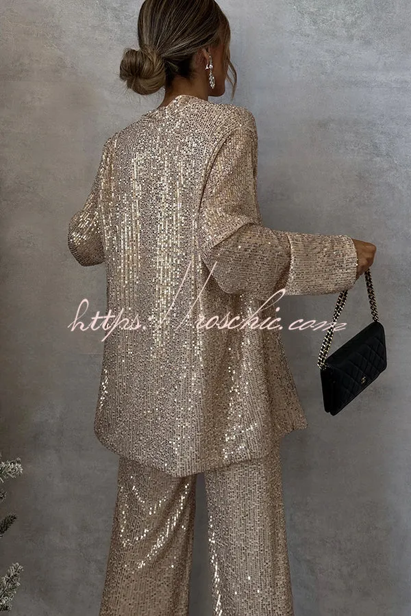 Party Scene Sequin Open Front Long Sleeve Drape Coat
