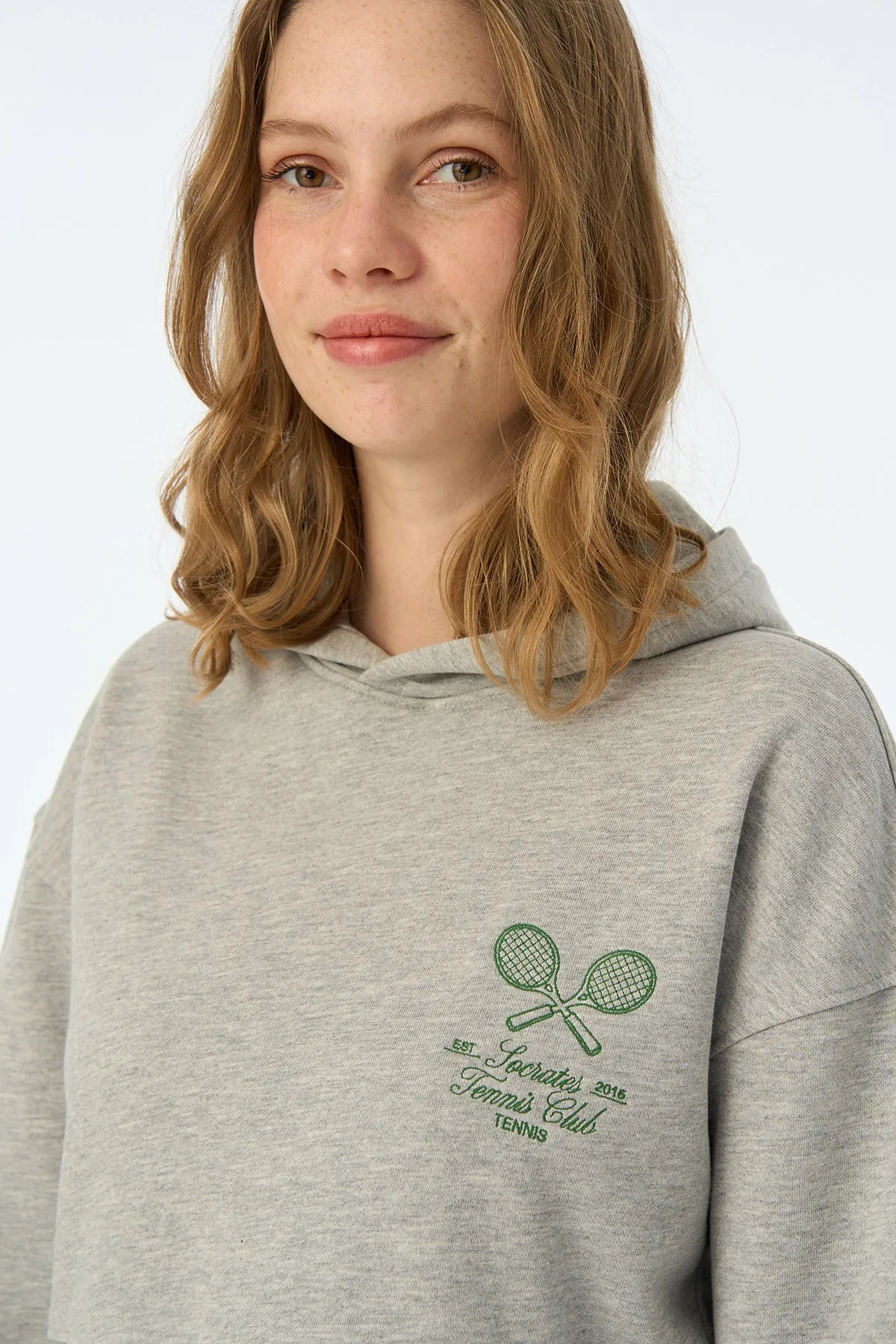 Tennis Club Crop Hoodie - Gri Melanj