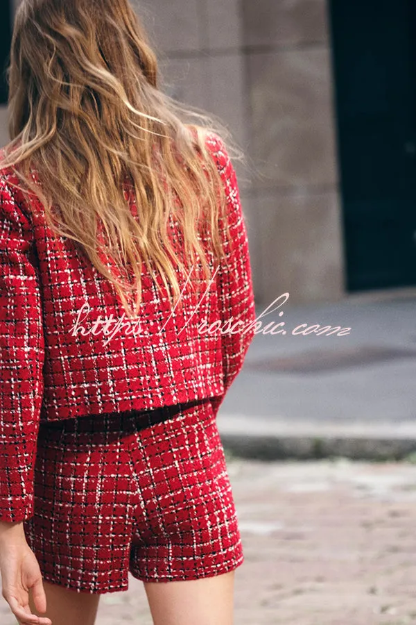 Tweed Plaid Textured Long-sleeved Casual Pocket Jacket