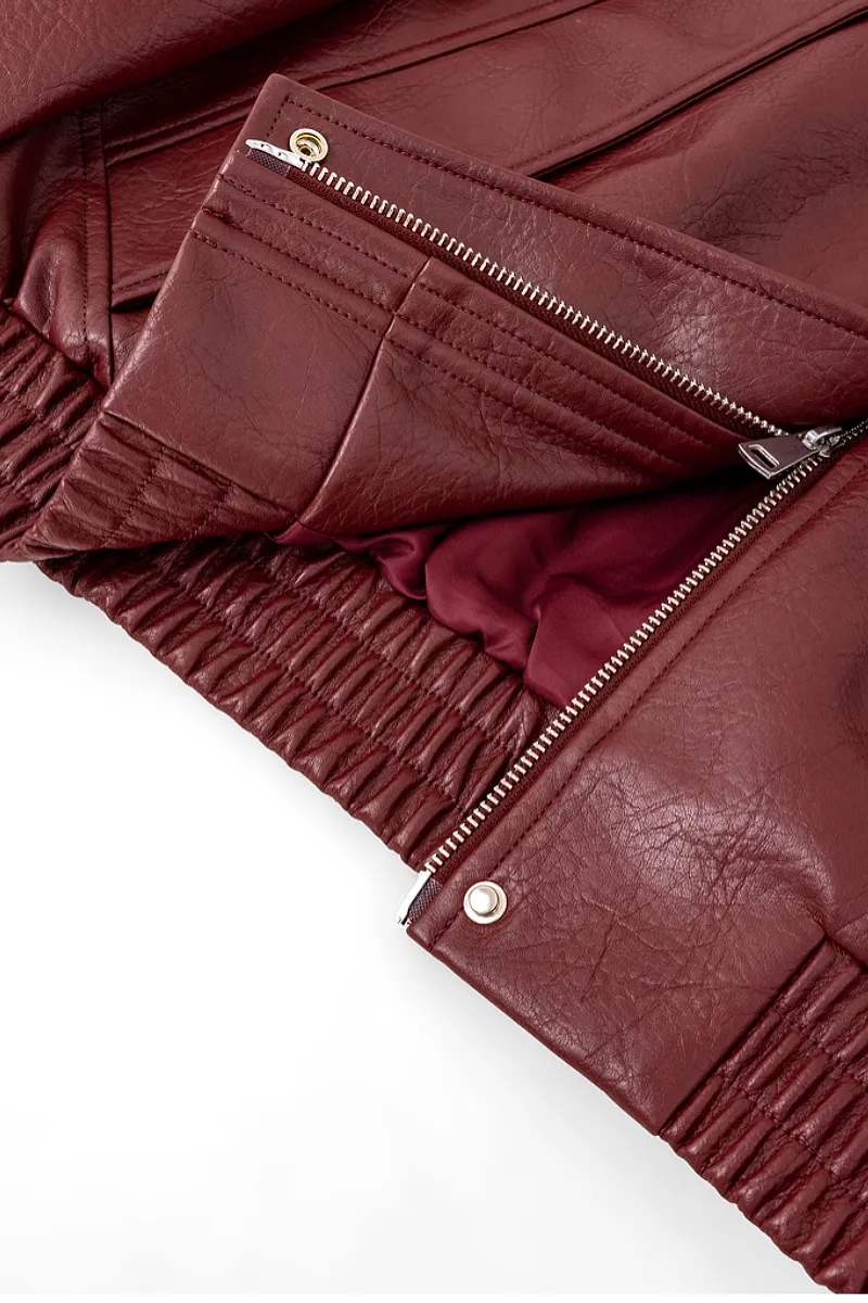 Vintage Burgundy Faux Leather Bomber Jacket