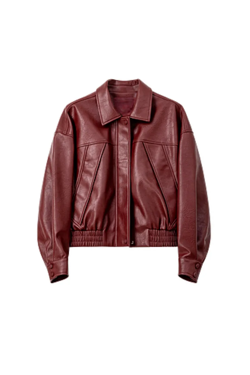 Vintage Burgundy Faux Leather Bomber Jacket