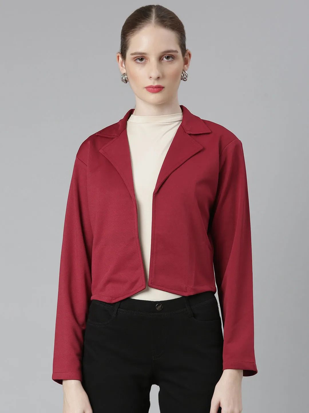 Women Maroon Solid Blazer