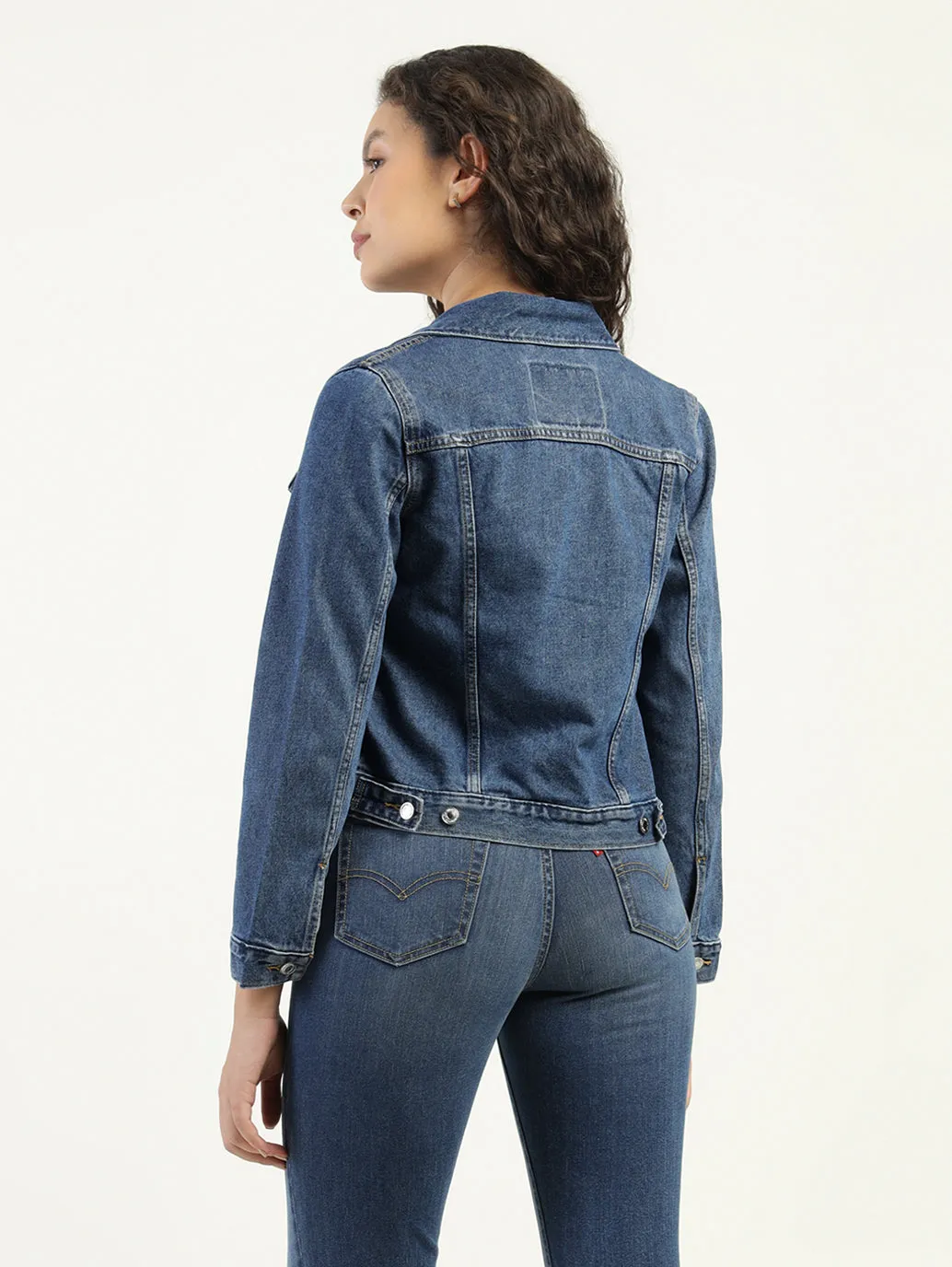 Women's Solid Dark Blue Spread Collar Jacket